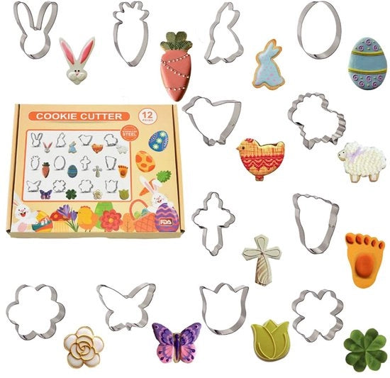 Set di confezioni di uova di Pasqua 12 pezzi, uovo di Pasqua, faccia di coniglio, coniglio, carota, farfalla, fiori, croce, foglie, pecora, impronta di piede, pulcino, impronta di piede, set di confezioni di uova di Pasqua in acciaio inossidabile