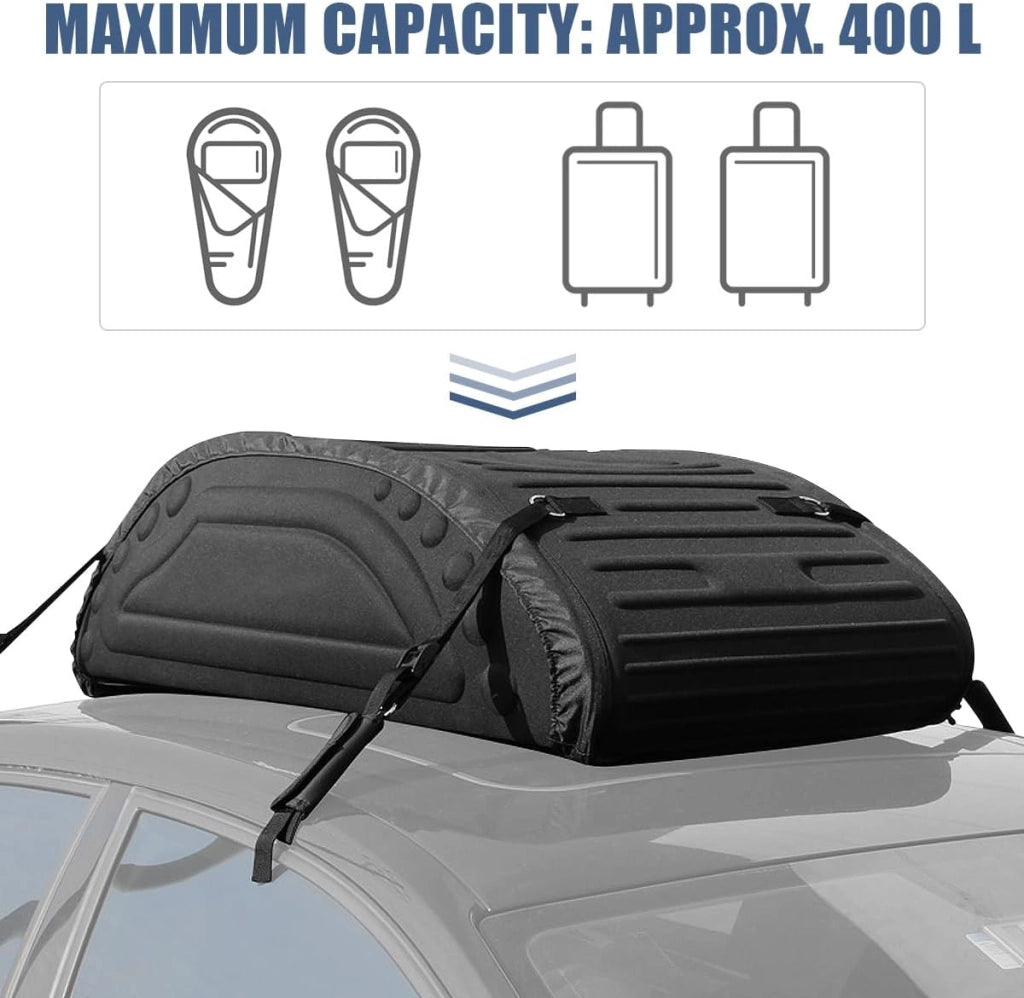 Box Tetto Auto 400L, 113,5 X 63,5 X 36,5 CM, Portapacchi Auto Tetto Impermeabile con Cinghie di Trasporto & Borsa di Trasporto, per Auto, Furgoni, SUV (Nero)