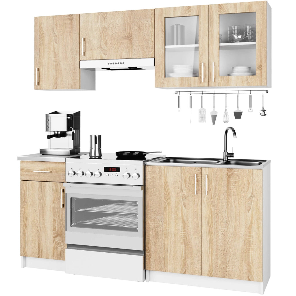Set da cucina con vetrina AKORD LIMA 1,8 m Bianco 180 cm 7 ante 1 cassetto frontale Rovere Sonoma 8 ripiani 180×44,5×203 cm