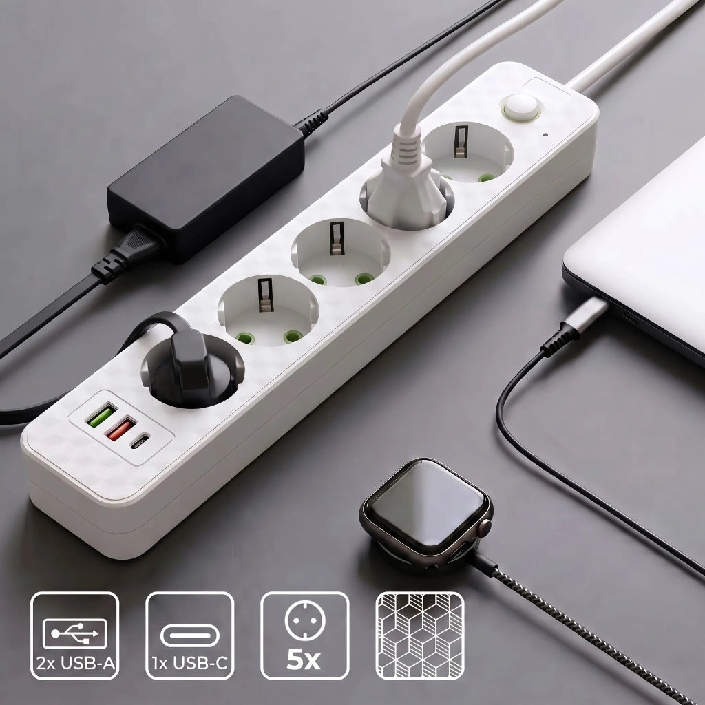 Multipresa Con Prolunga, 5 Prese + 2 Porte Usb-a + Usb-c Jnh023-4a White