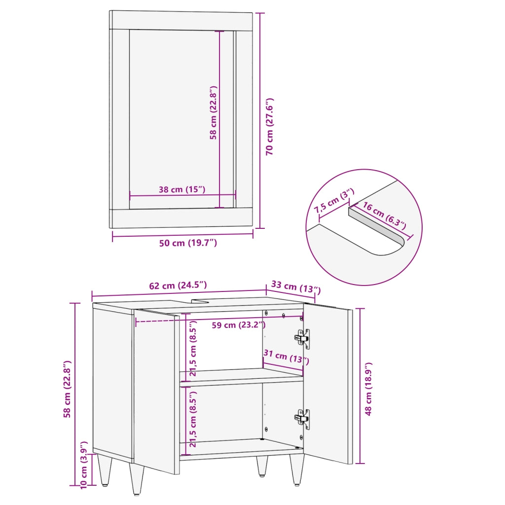 Specchio da bagno 50x70x3 cm in legno massello di mango