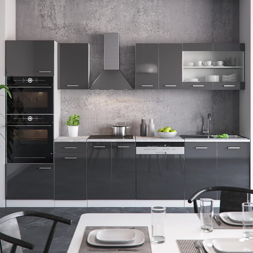 Vicco Cucina componibile Antracite lucido/bianco 300 cm con armadio alto, PL Antracite
