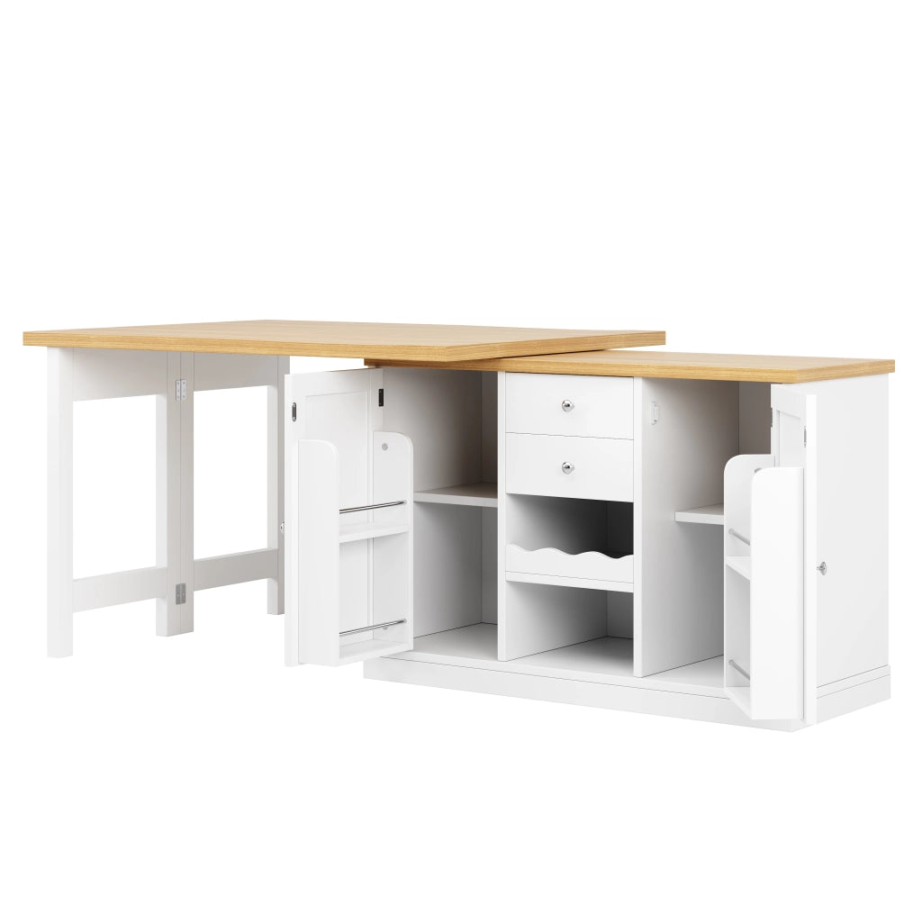 Tavolo da pranzo con 2 cassetti e ripiani; girevole ed estensibile per cucina; in MDF; bianco