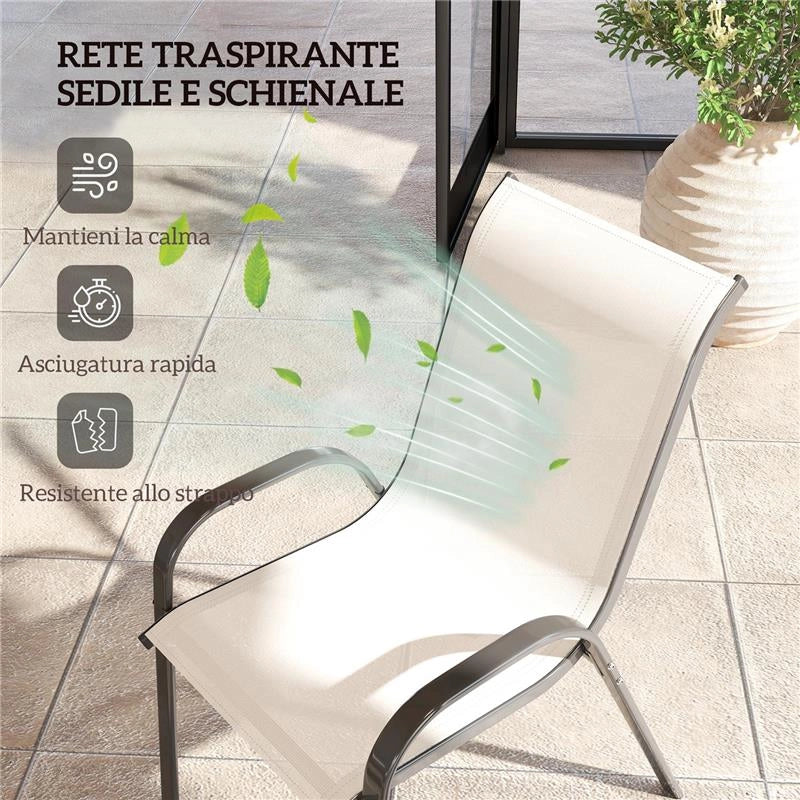 SET 4 SEDIE DA GIARDINO IMPILABILI CON BRACCIOLI CURVI, IN ACCIAIO E TESSUTO TRASPIRANTE, 54X71X93 CM, BEIGE