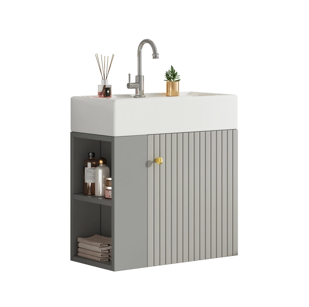 Mobile bagno con lavabo 55 cm, pannello a rilievo, grigio e bianco