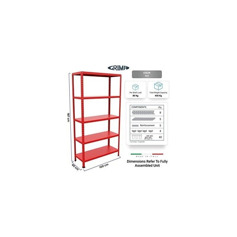 SCAFFALE IN METALLO ROSSO ETTORE KIT BULLONI 100 X 40 X H 187 CM 5 RIPIANI
