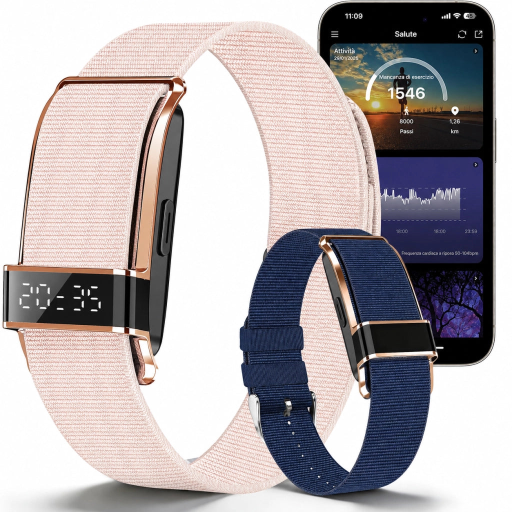 Smartwatch Orologio connesso con display nascosto; monitoraggio 24 ore su 24 della salute: battito cardiaco; HRV; SpO2 e sonno; 2 braccialetti; app gratuita per iOS e Android - rosa