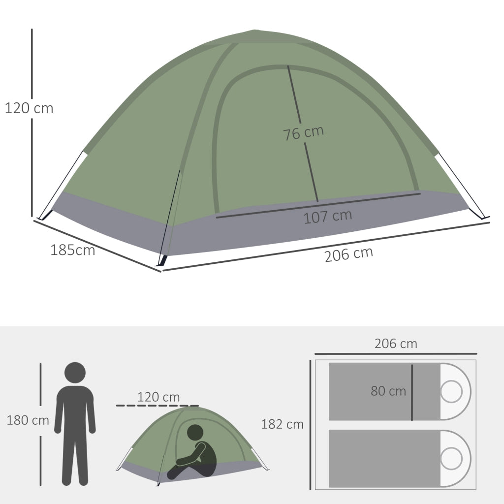 Tenda da Campeggio 2 Posti con Porta a Cerniera. Zanzariera e Sacca di Trasporto. 206x185x120cm. Verde