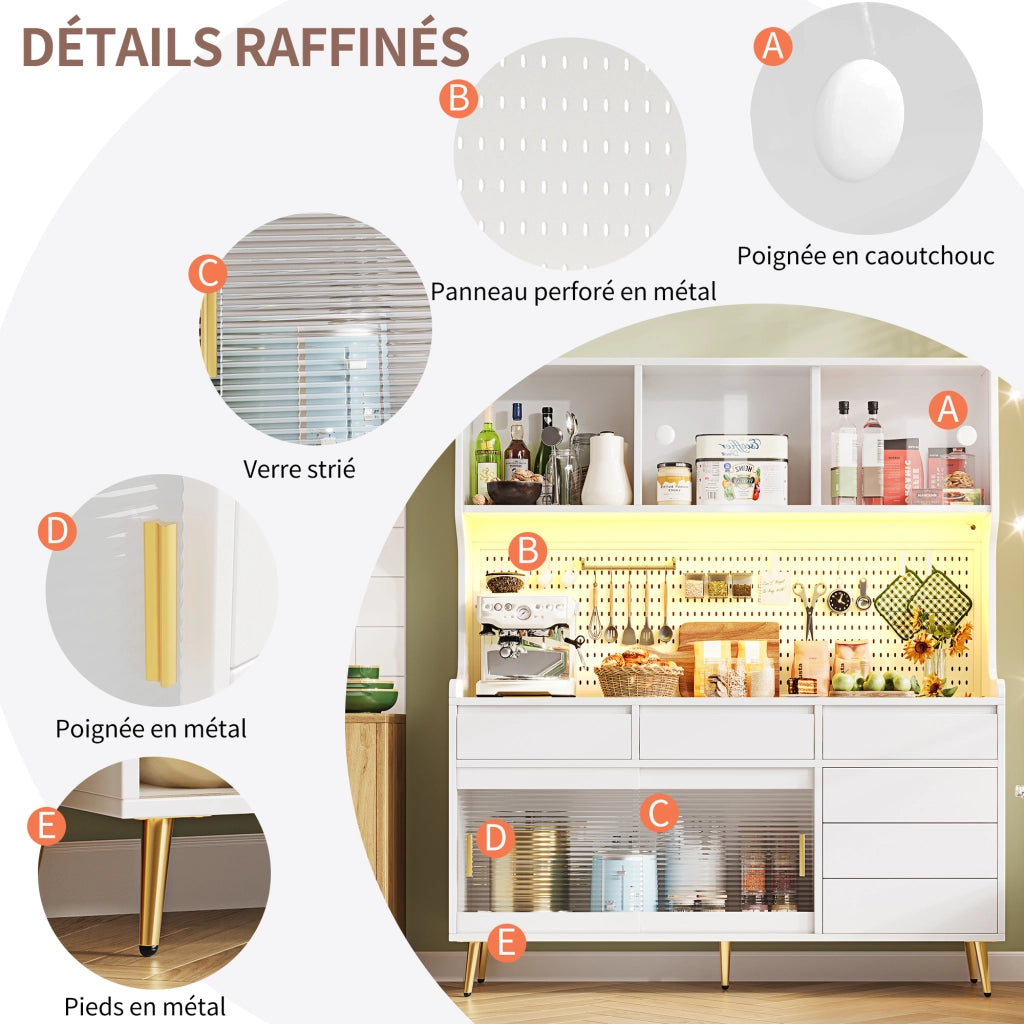 OKWISH Credenza Alta da Cucina con Porte Scorrevoli, LED e Pannello Forato, per Cucina o Sala da Pranzo, 145×39×171 cm