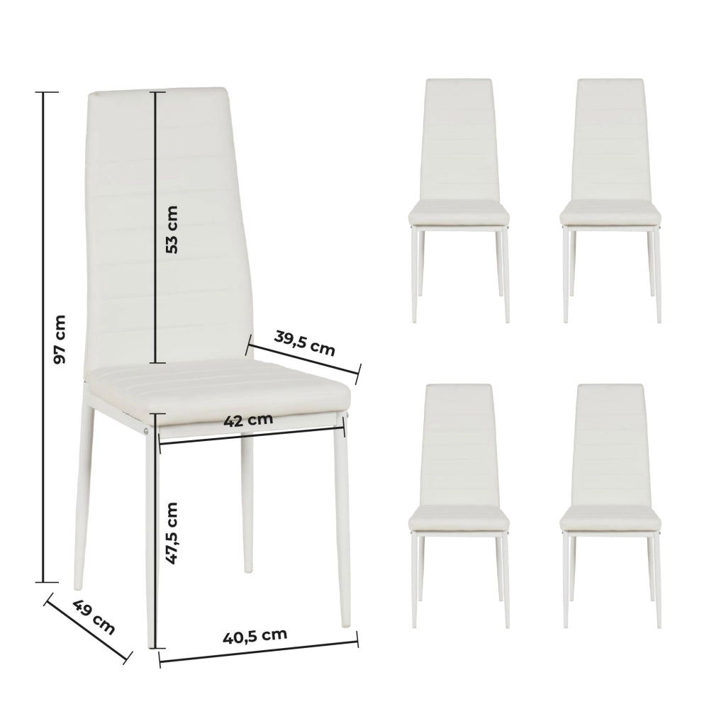 Set Sedie e Tavolo da Pranzo con Ripiano in Vetro Temperato e Sedia Imbottite in Similpelle Nera – Design Moderno, 4 o 6 Posti – Ideale per Cucina o Soggiorno   Bianco - 4 Posti