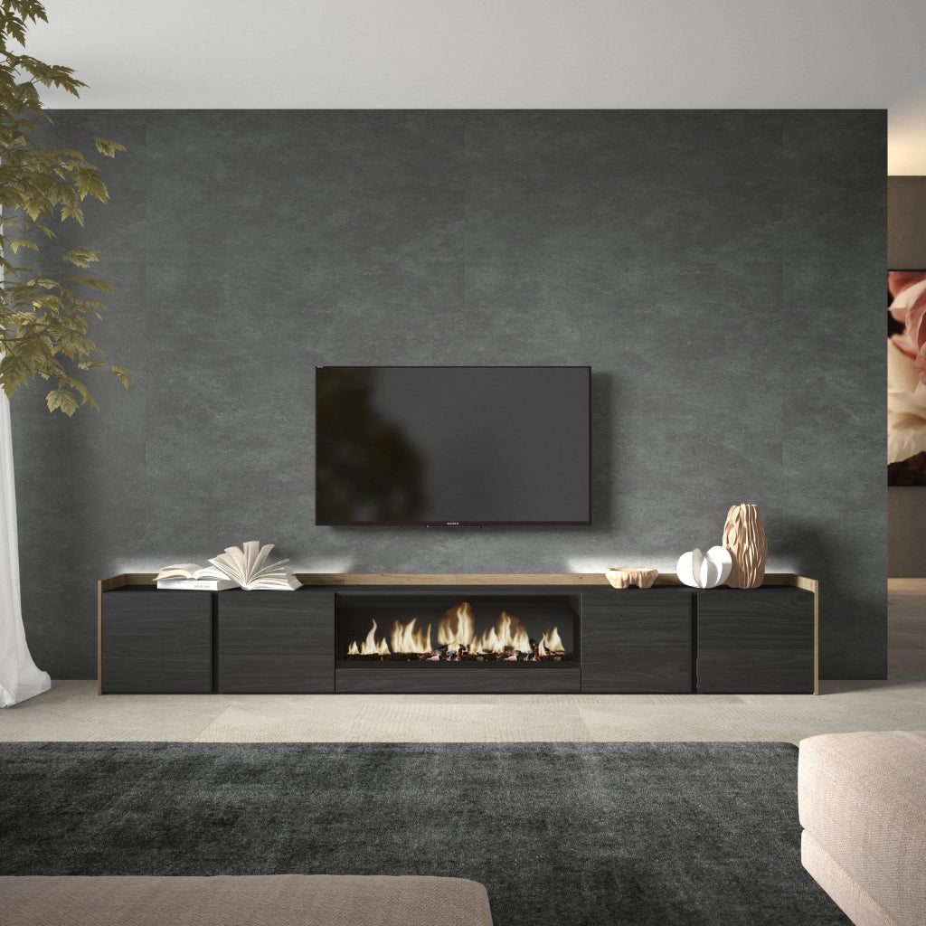 Mobile TV Soggiorno, 315x50x35 cm, Per TV fino a 80", Camino elettrico XXL, LED, Nero e rovere