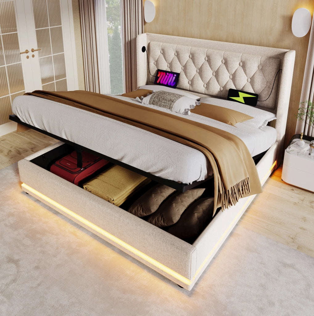 Letto matrimoniale imbottito 140x200 con contenitore, LED e porte USB/Type-C