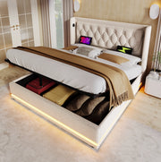 Letto matrimoniale imbottito 140x200 con contenitore, LED e porte USB/Type-C