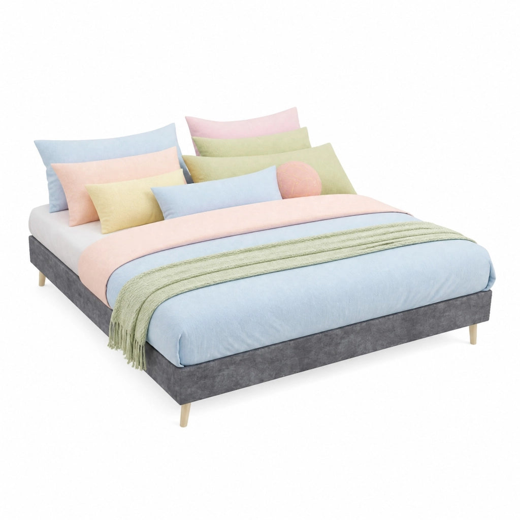 LETTO 140x200 cm Grigio in tessuto e metallo con testiera geometrica