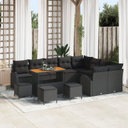 Set Divano da Giardino a 13 Pezzi con Cuscini Nero Polyrattan Acacia