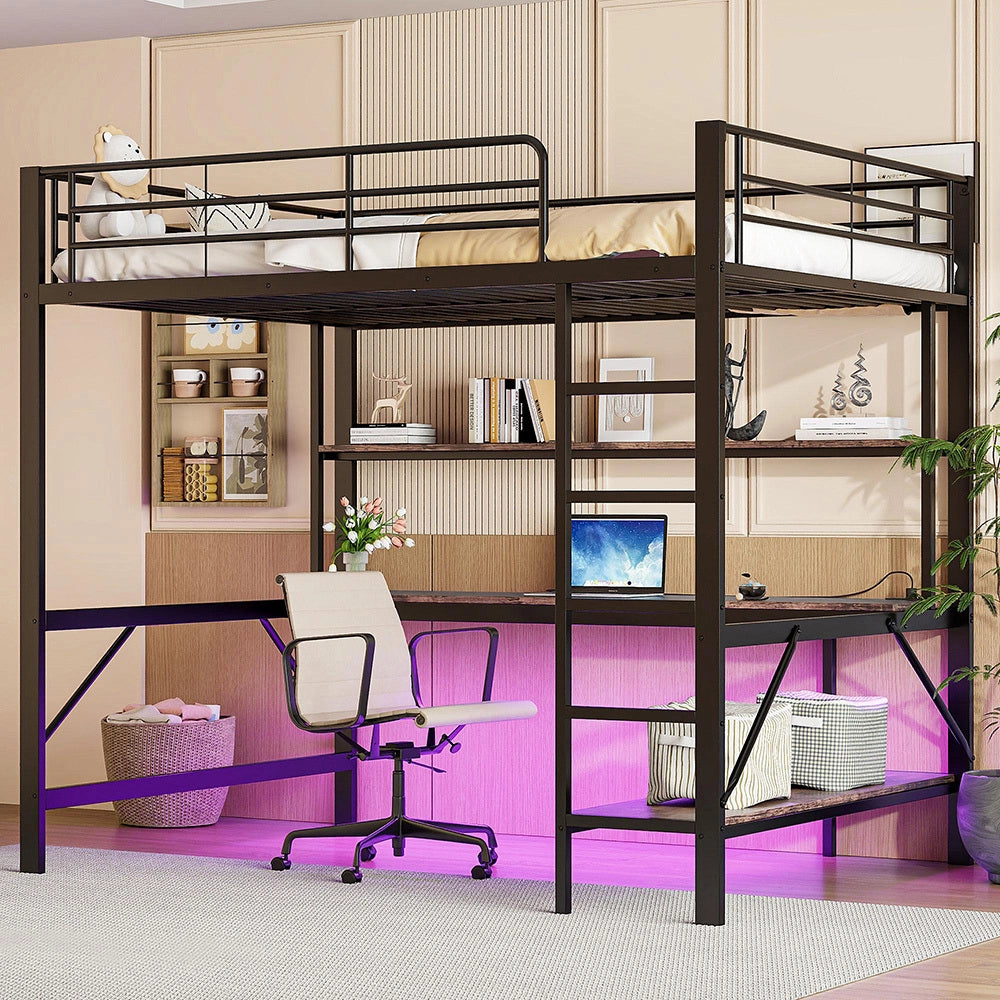 Letto mezzanino 140x200cm - Xylo - nero, USB, scaffale a livelli