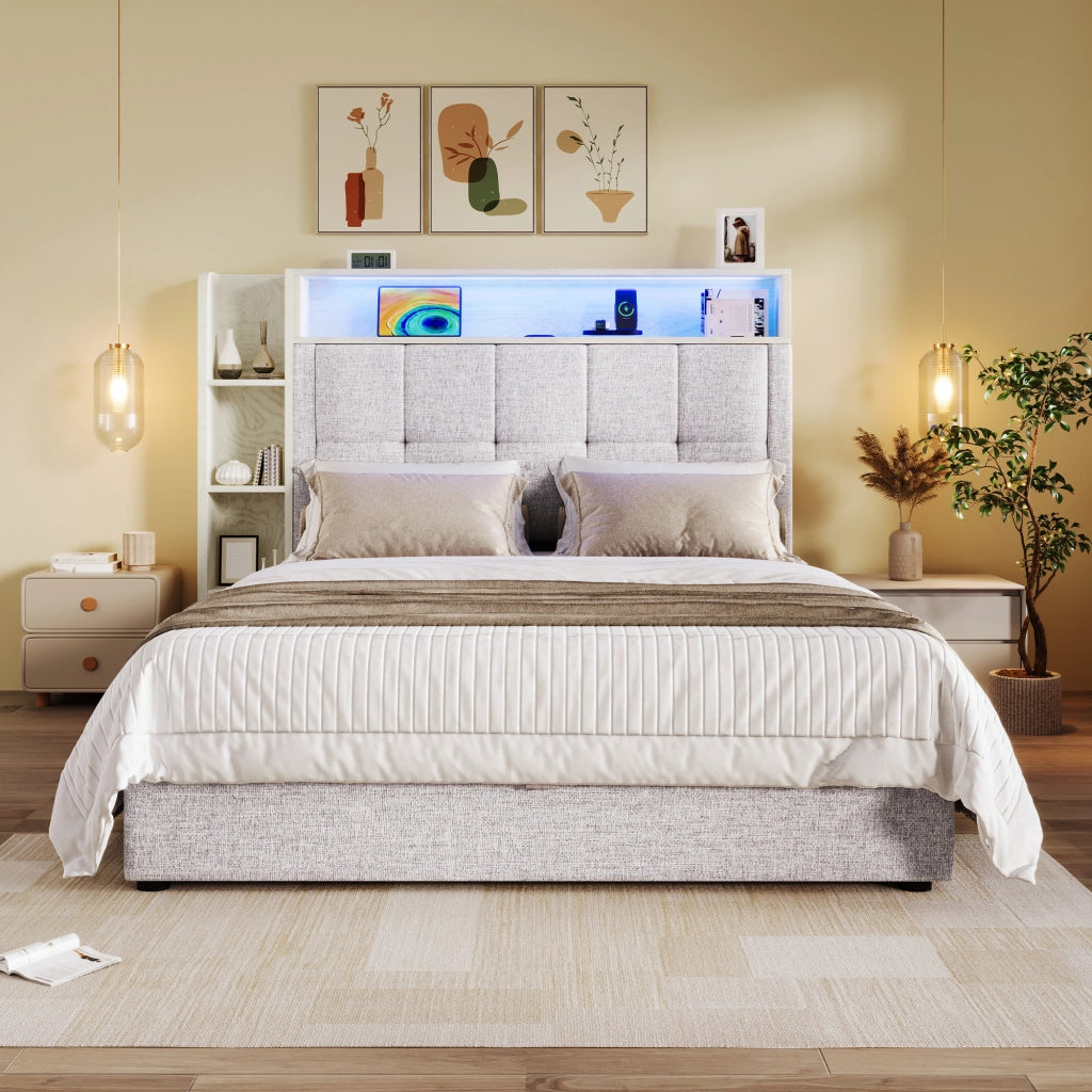 LETTO imbottito 90x200 cm in lino beige con USB e LED