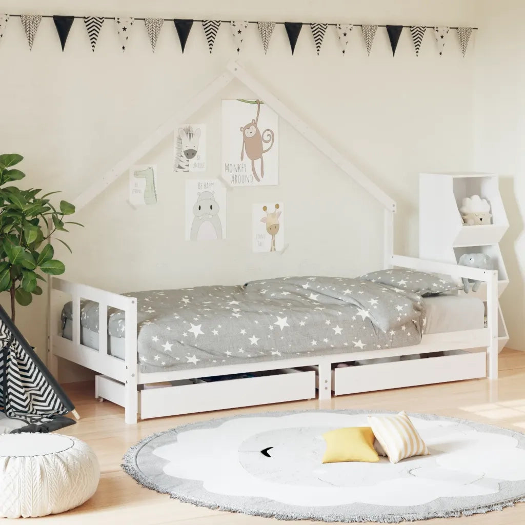 Giroletto Bambini | Letto Infantile | Lettino con Cassetti Bianco 90x190 cm Massello Pino