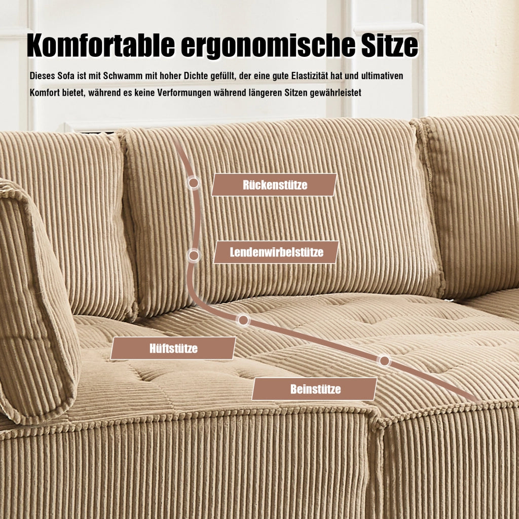 Divano Modulare 6 Posti con Tasche Portaoggetti; Convertibile a U o L o Letto; Comfort Ergonomico; Struttura Legno Metallo in Velluto a Coste Cachi