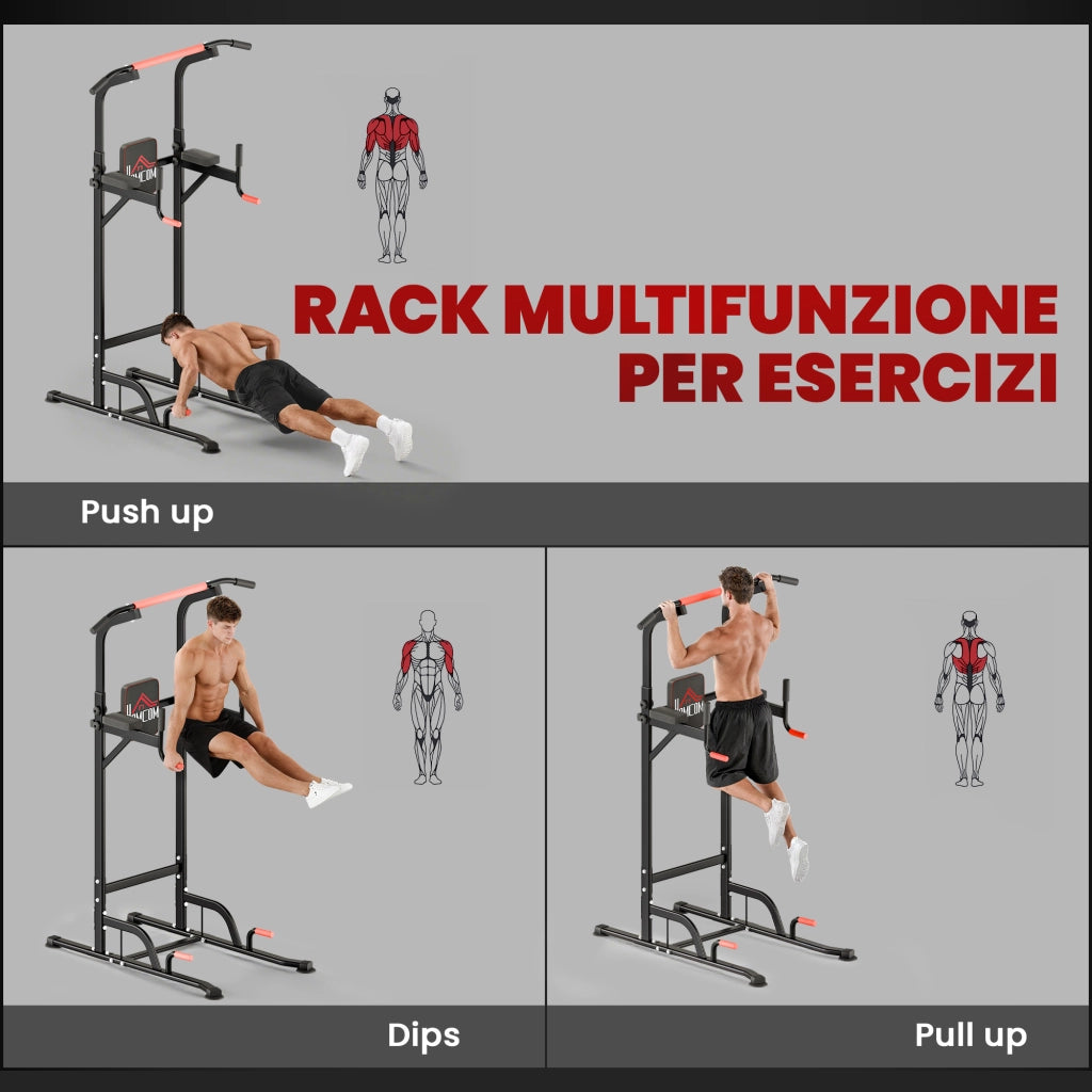 Power Tower Stazione Fitness Multifunzione Regolabile ¨C zephmum ¨C Acciaio Nero Rosso 189-239cm