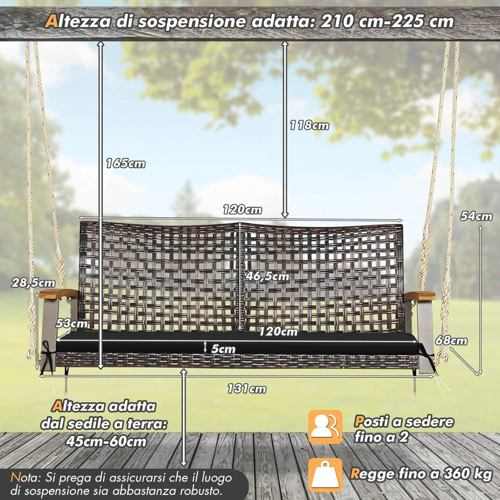 Dondolo Sospeso per Esterno a 2 Posti, Altalena da Giardino con Cuscino, Sedia Sospesada Gairdino con Braccioli, per Portico, Capacità di carico di 360 kg (Nero)