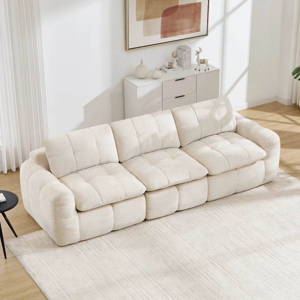 Divano modulare a 3 posti senza struttura in ciniglia con design trapuntato e cuscini morbidi per relax beige