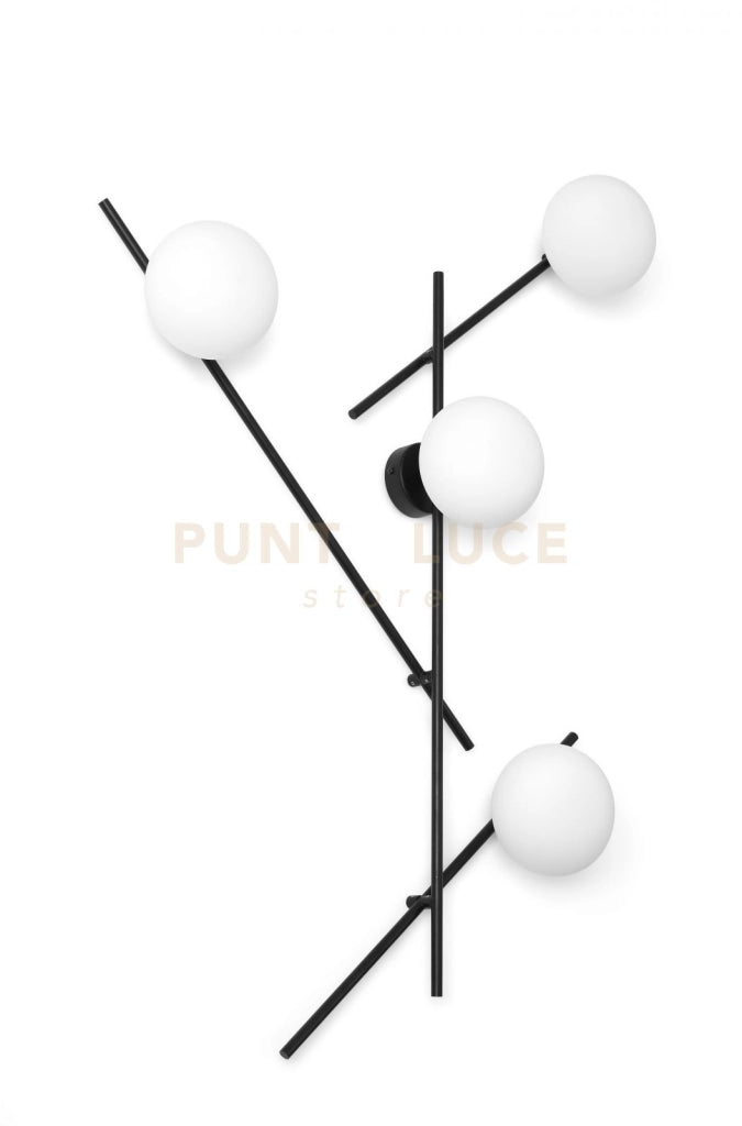 MIKADO LAMPADA DA PARETE O SOFFITTO 4 LUCI  IN METALLO NERO E VETRO SOFFIATO BIANCO D.14CM ATTACCO G9