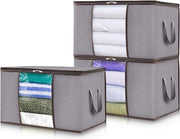 Tas di stoccaggio da 105 litri, grande cassa di stoccaggio con coperchio, organizzatore di armadio con scatole di trasporto, maniglia robusta per abbigliamento, abbigliamento, coperte, lenzuola, 3 pezzi, grigio chiaro