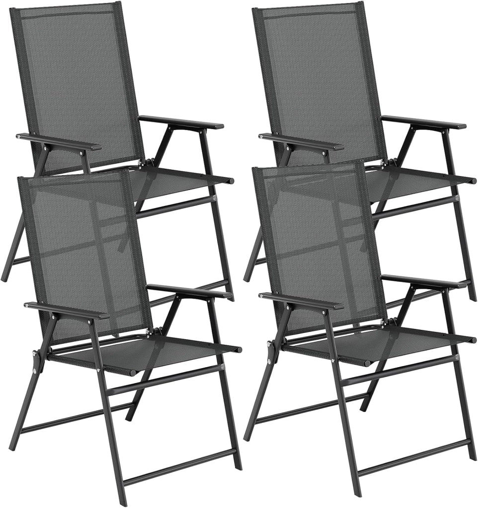 Set di 4 Sedie da Giardino Pieghevoli, Sedie da Campeggio con Schienale e Braccioli, Struttura in Metallo, Portata 121kg, Sedia Pieghevole Leggera per Balcone, Terrazza, Grigio Scuro