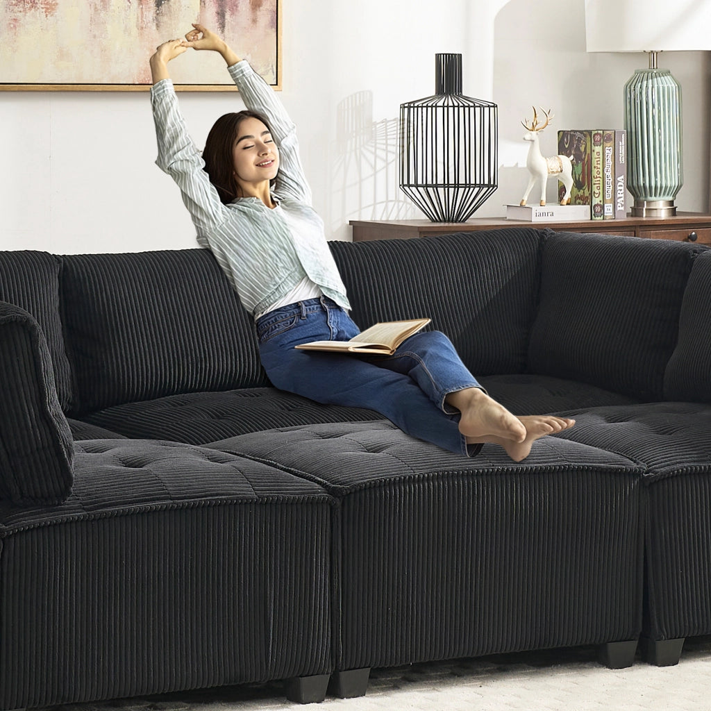 Sofa modulare 6 posti - Zephmum- 308 cm, tessuto corda, ergonomico, tasche di stoccaggio, combinabile
