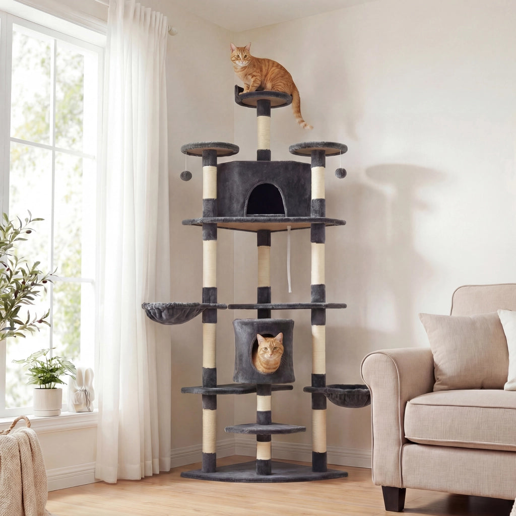 Albero Tiragraffi per Gatti Alto con Casette e Amache, 60x60x200cm, Grigio Scuro
