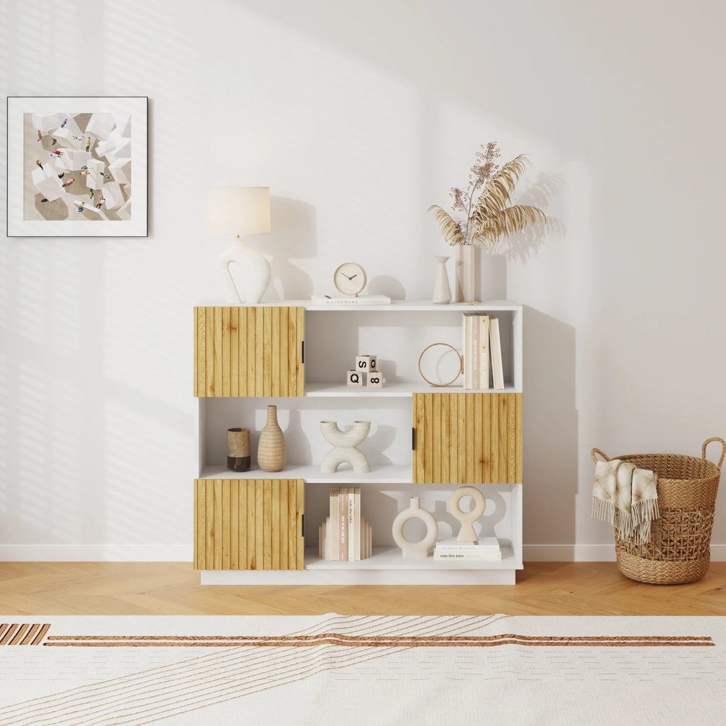 Libreria Bassa Verhundar Scaffale a 3 Livelli con Vani Aperti e Chiusi con Ante 102x120x30 cm Bianco / color Legno [en.casa]