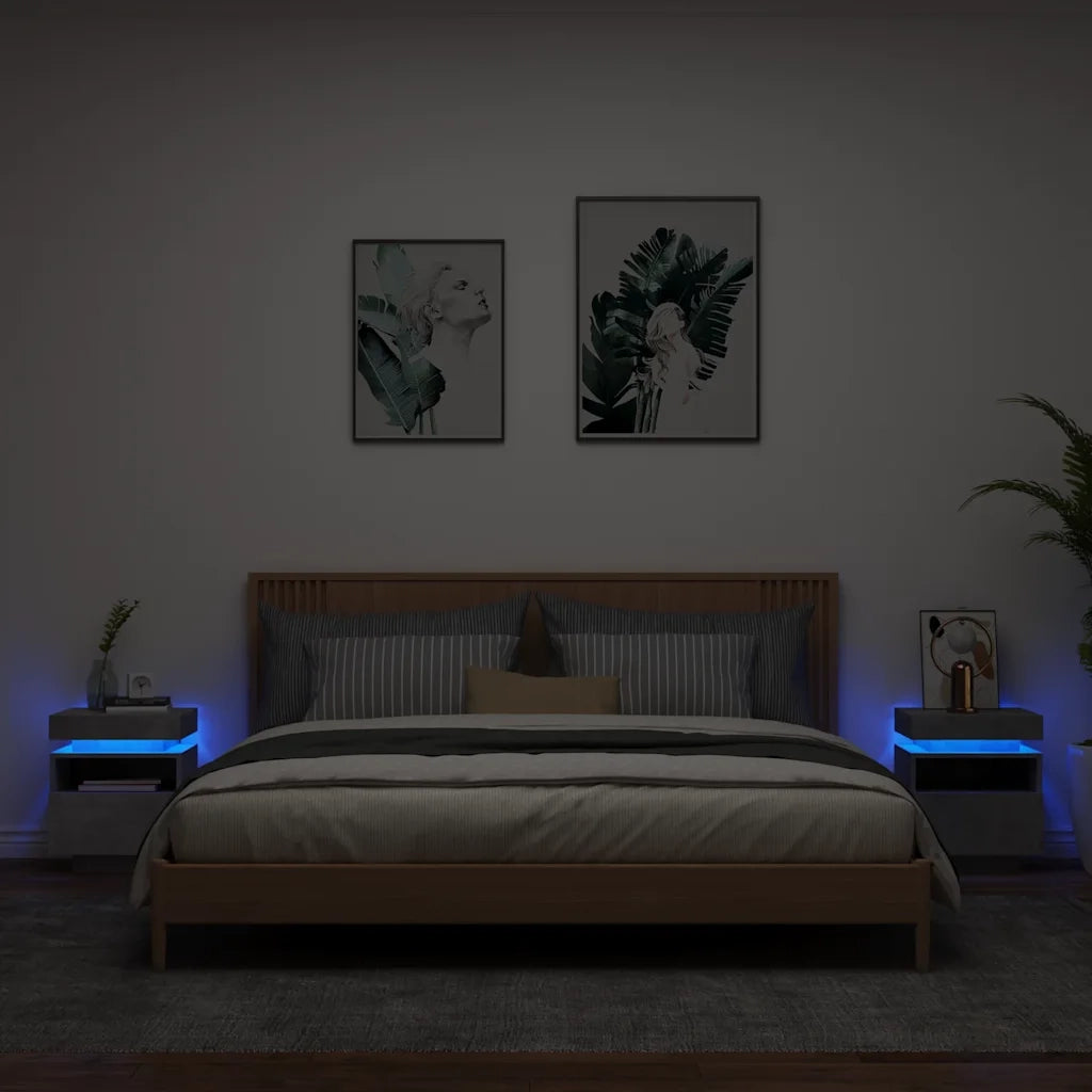 Set di 2 Comodini | Armadio da Notte | Mobiletto da notte con Luci LED Grigio Cemento 40x39x48,5 cm
