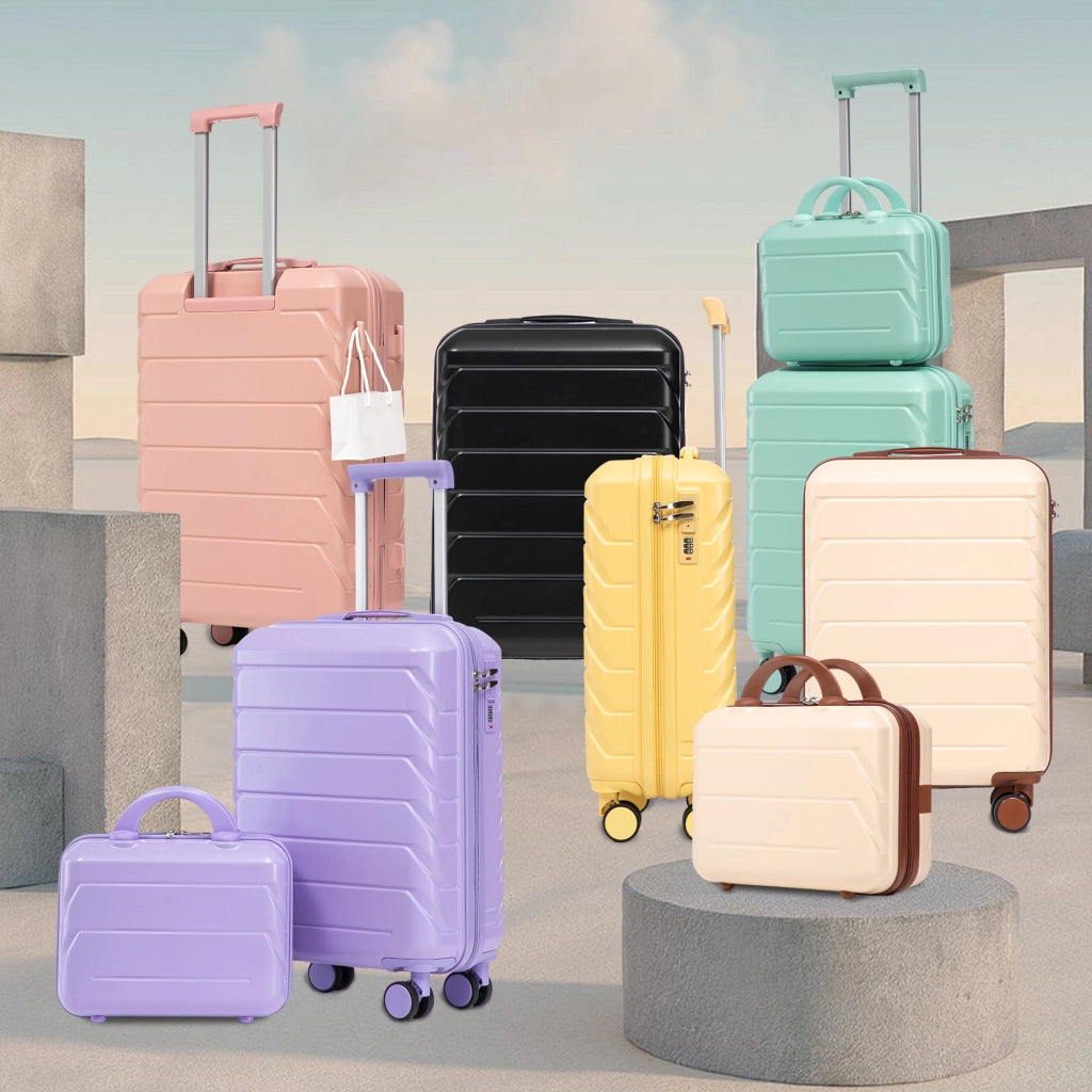 Set di valigie rigide in ABS con trolley a 4 ruote doppie, manico telescopico e borsa cosmetica blu e viola