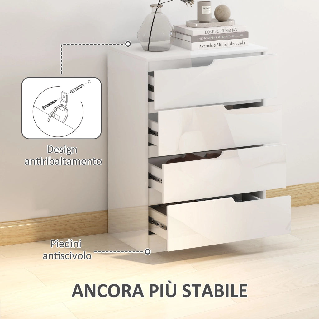 Cassettiera 4 Cassetti Moderna e Minimal 60x40x85 cm Bianco Lucido