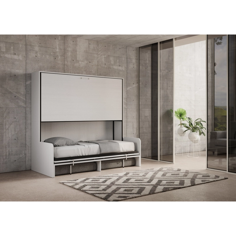Letto a scomparsa doppio orizzontale Kando Sofà Frassino con materassi (ALESSIA 20) - Bianco Frassino