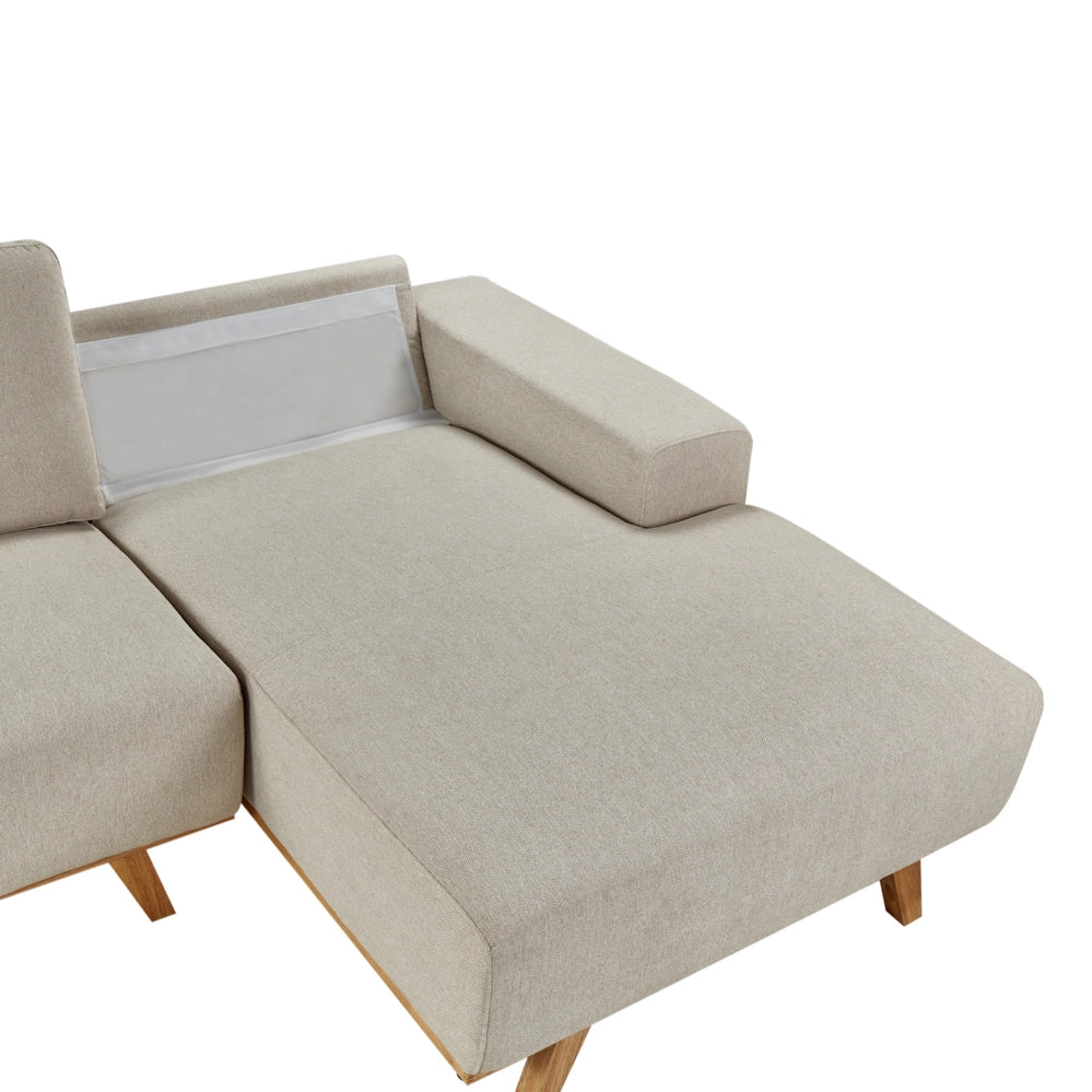 Divano angolare Beige Rivestimento in tessuto di poliestere Gambe in legno chiaro Schienale con cuscino Design moderno