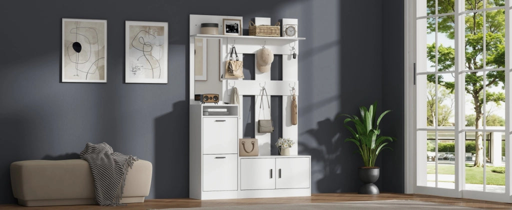 Set mobili da ingresso 120x30x180 cm con specchio, scarpiera, appendiabiti in MDF bianco