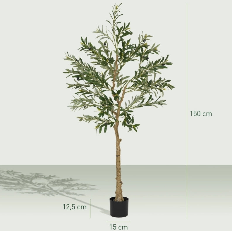Ulivo artificiale 100x18x18 cm con 720 foglie e 32 olive in plastica verde