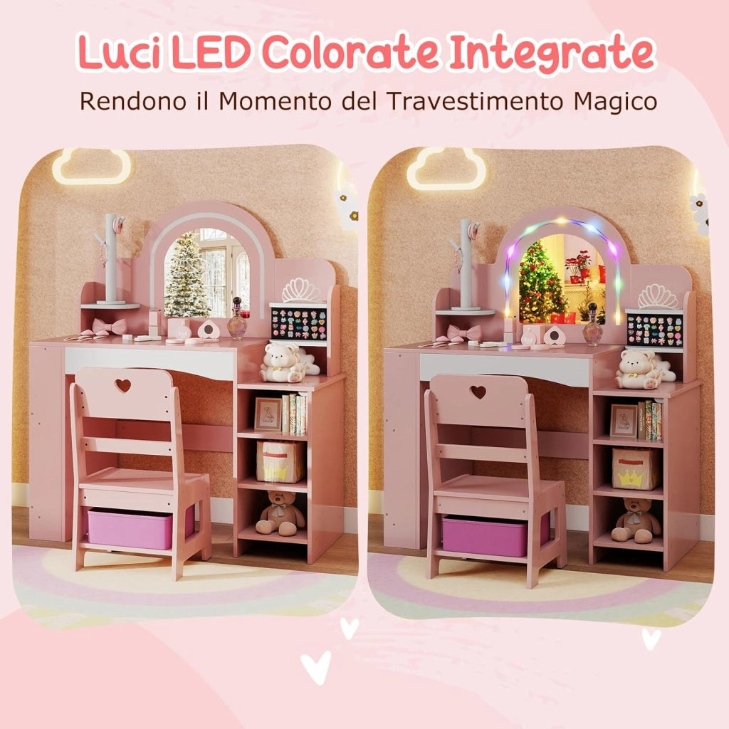 Toeletta Trucco per Bambina con Sgabello, Postazione Trucco con Luci, Scaffali a Vista, Prtagioielli, Libreria a 2 Ripiani e Contenitore in Tessuto, Ideale per Bambina 3+ Anni (Rosa)
