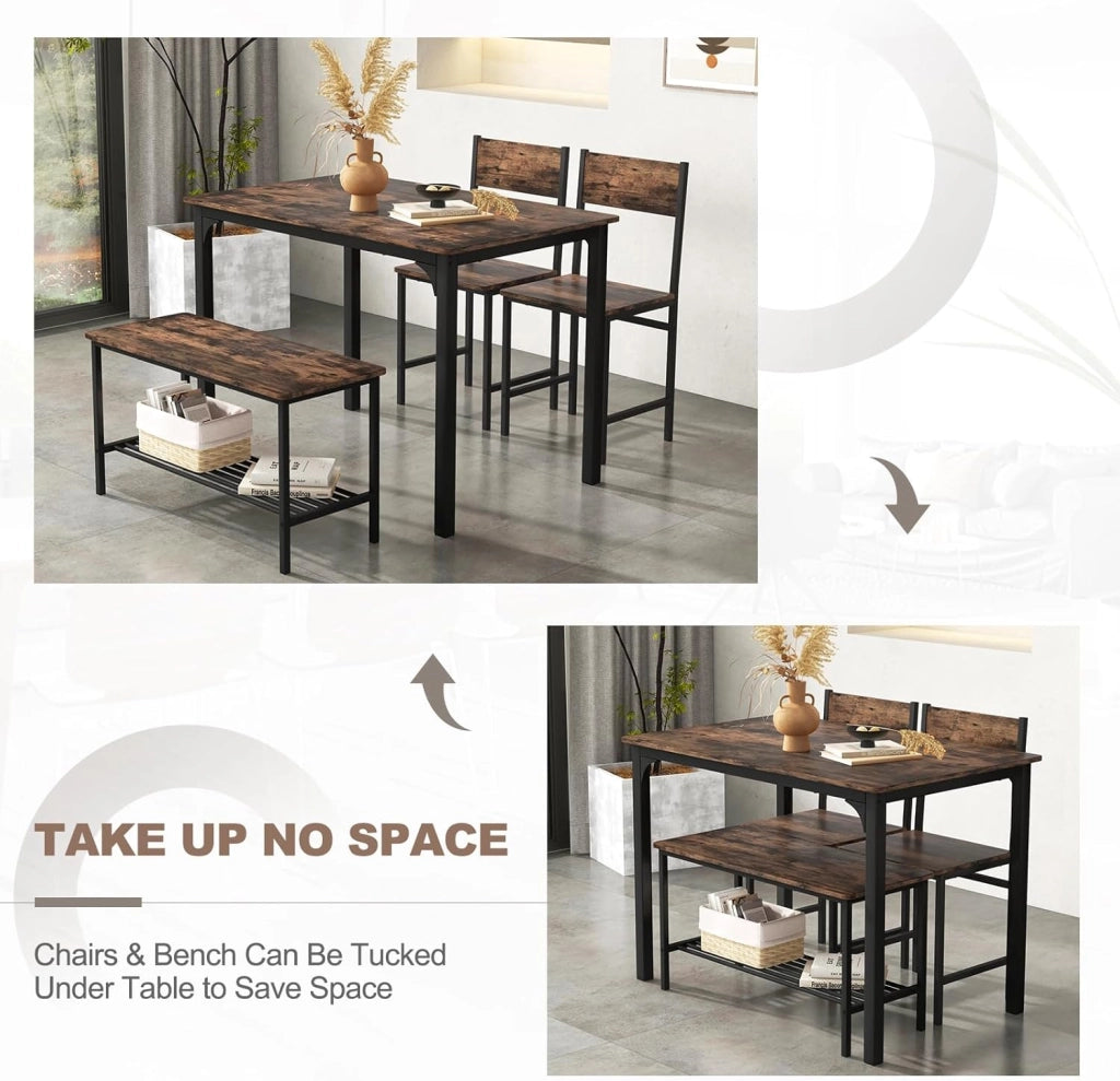 Set di tavolo da pranzo per 4, tavolo da cucina con 2 sedie e 1 panca, set da pranzo industriale con struttura in metallo e scaffale, set da pranzo moderno e funzionale (caffè)