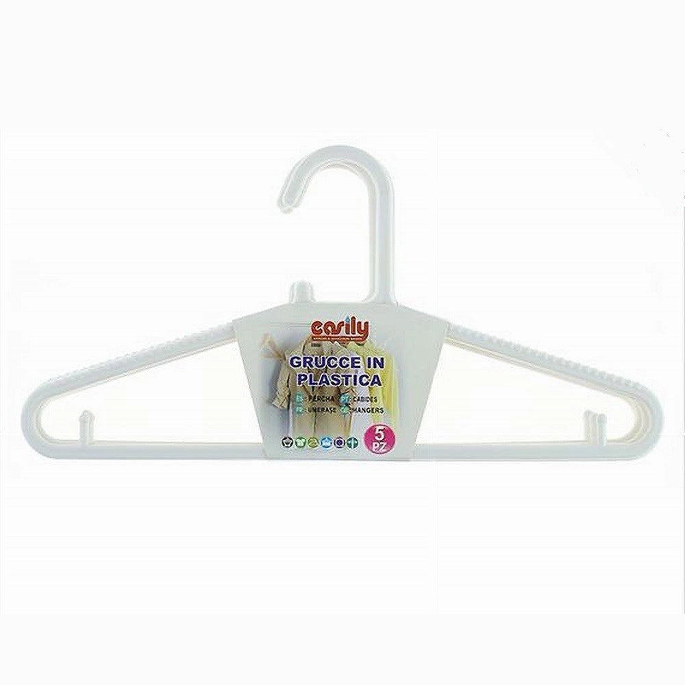 Trade Shop - Set 5pz Grucce Stampelle Appendiabito In Plastica Bianca Pantaloni Giacche 87688 -