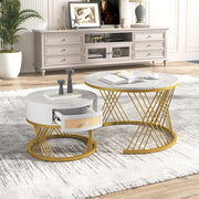 Set di tavolini rotondi 2 pezzi in MDF bianco e oro con cassetto