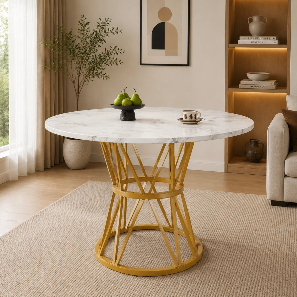 Tavolo da pranzo rotondo 100x100x76 cm con piedini regolabili; piano in MDF effetto marmo oro