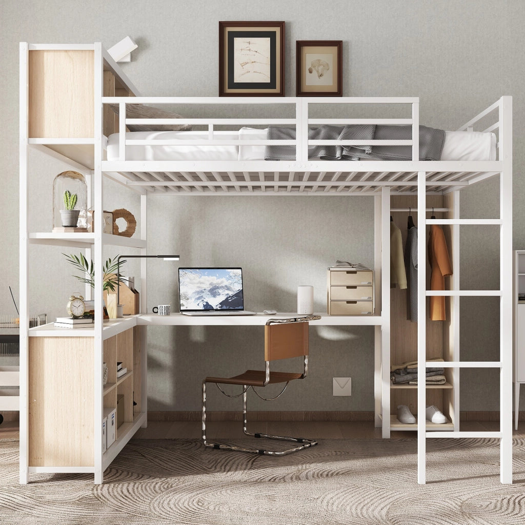 Letto a soppalco 140x200 cm con scrivania e armadio
