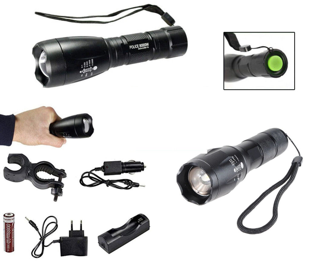 TORCIA TATTICA MILITARE LED 80000W BICI ZOOM LUCE RICARICABILE IMPERMEABILE