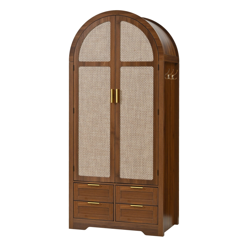 Armadio 80x50x179 cm con ante curve e pannelli in rattan; in MDF noce