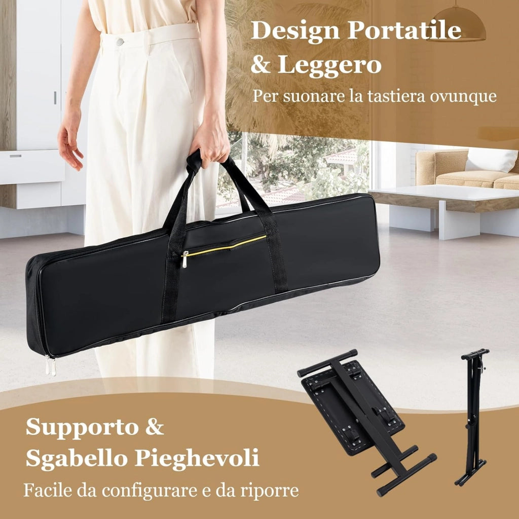 Set Pianoforte Digitale 61 Tasti, Tastiera Musicale con Sgabello Portatile, Pianoforte Elettronica con Supporto, Pedale Sustain, MIDI, USB e Funzione di APP Bluetooth