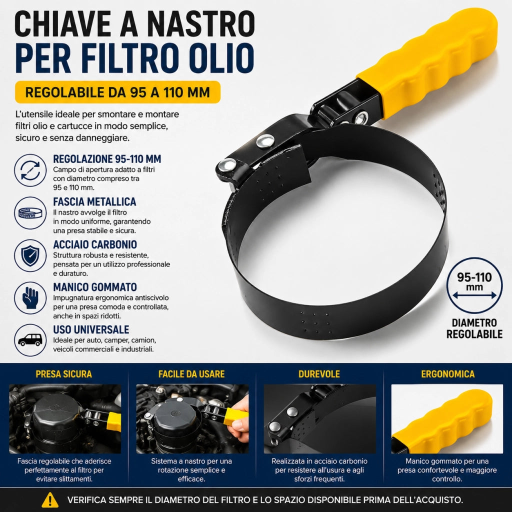 Chiave Nastro Filtro Olio Regolabile da 95 a 110 mm Manico Gommato 10290
