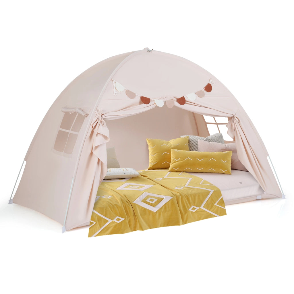 Tenda castello letto matrimoniale 2 finestre bandiere pieghevole-Tenda gioco portatile privacy per bambini 3+ anni Beige